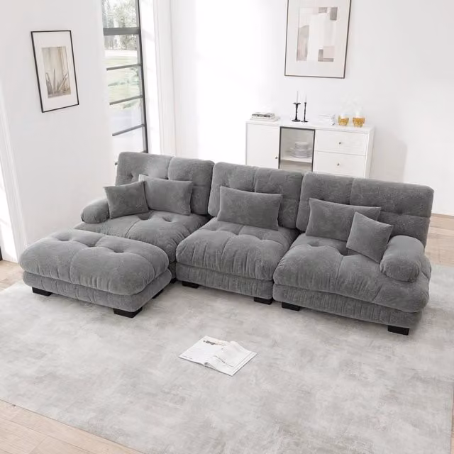 Divano angolare modulare 3 posti in ciniglia grigia 313x145x81 cm con pouf e braccioli rotondi