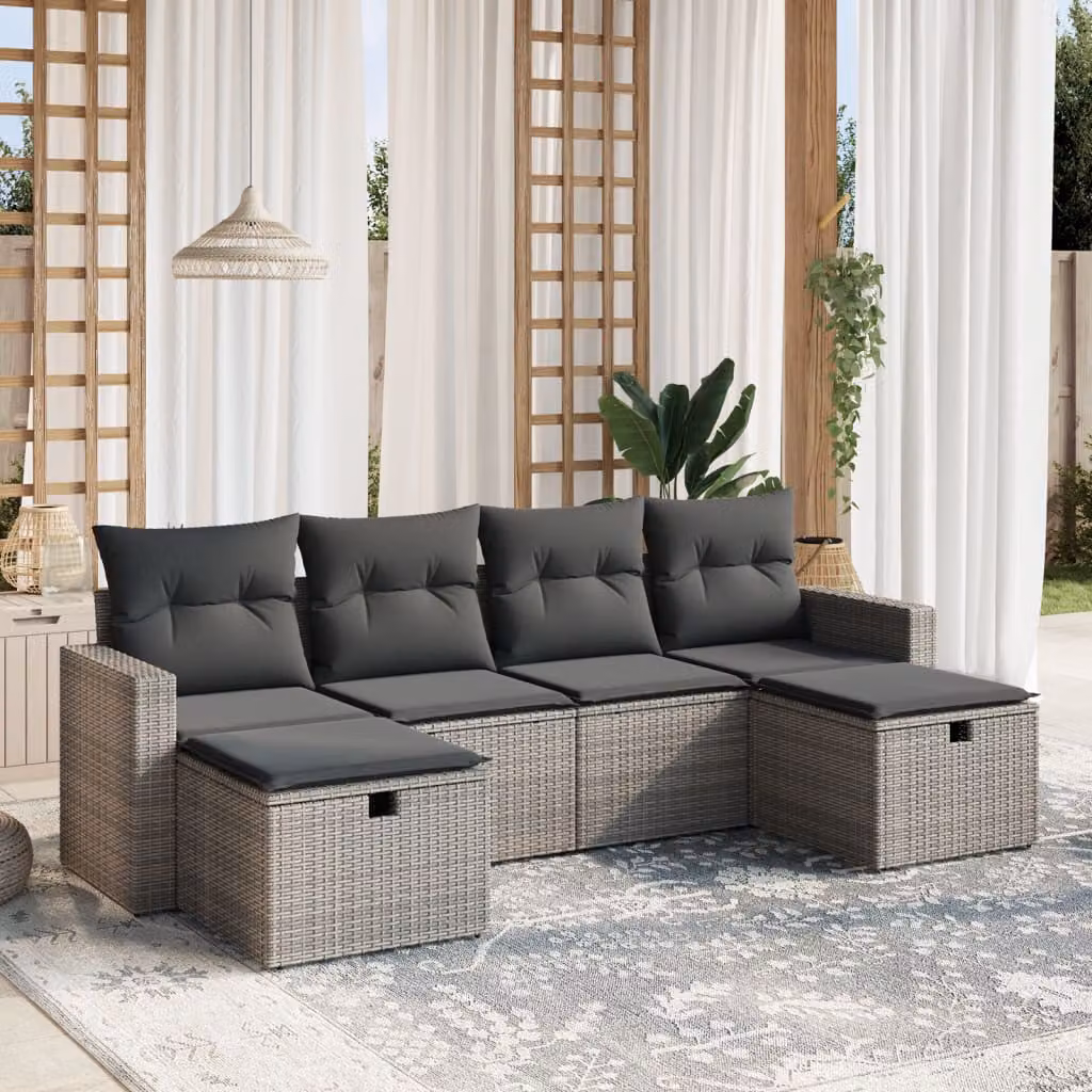 vidaXL Set Divano da Giardino a L in Polyrattan Grigio con 6 Pezzi e Cuscini Imbottiti – 1