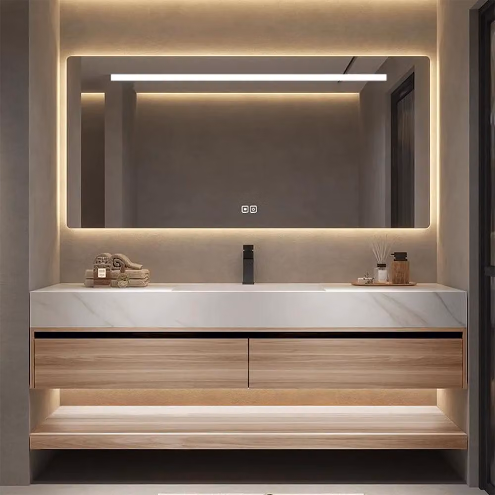Set composto da lavabo con finitura in legno, mobile base in pietra sinterizzata bianca, piano di lavoro e specchio 110×55 cm 【YT3256-110 K】