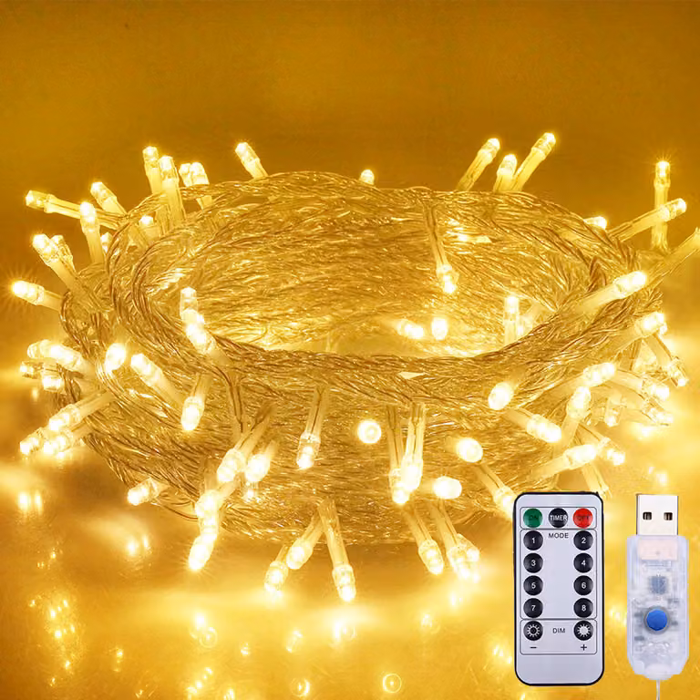 Luci di fata 10M 100 LED 8 modalità di luce USB impermeabile con telecomando per la festa di Natale decorazione di nozze, bianco caldo