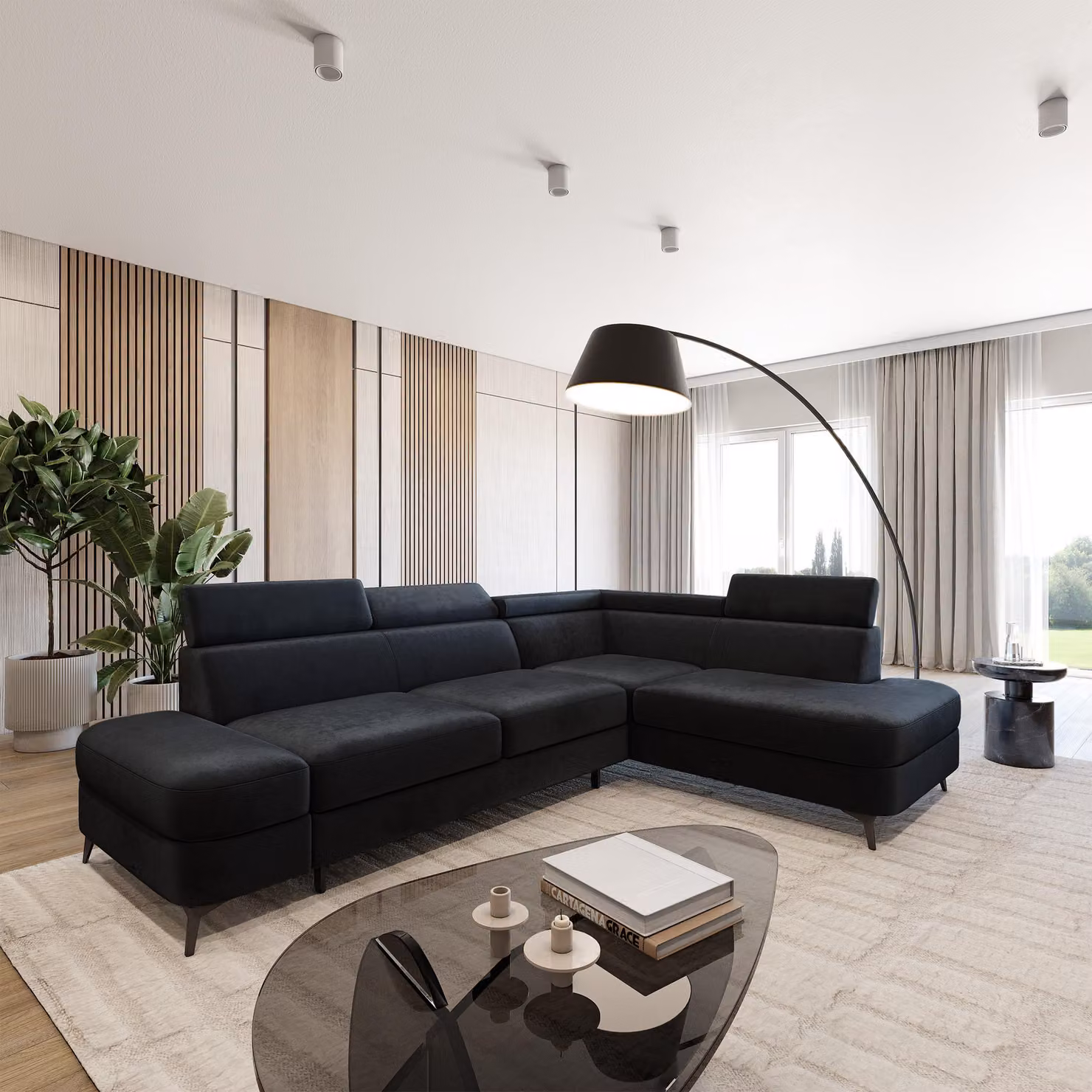 Divano ad angolo Masseno AVISE M R-S con funzione letto a L, divano con contenitore, divano da salotto, divano, divano letto, set divani - Nero, MONOLITH 95