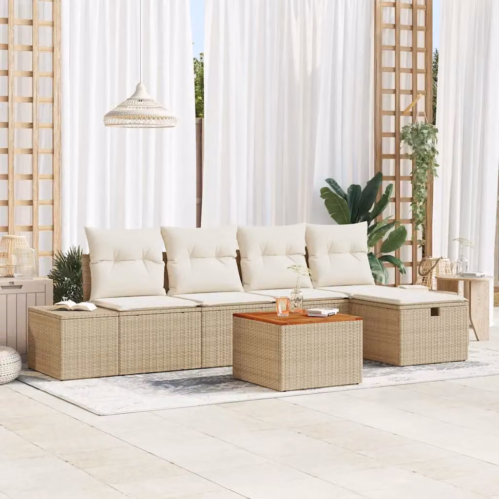 Set Divano da Giardino a L vidaXL in Polyrattan Beige con 6 Pezzi e Cuscini Inclusi