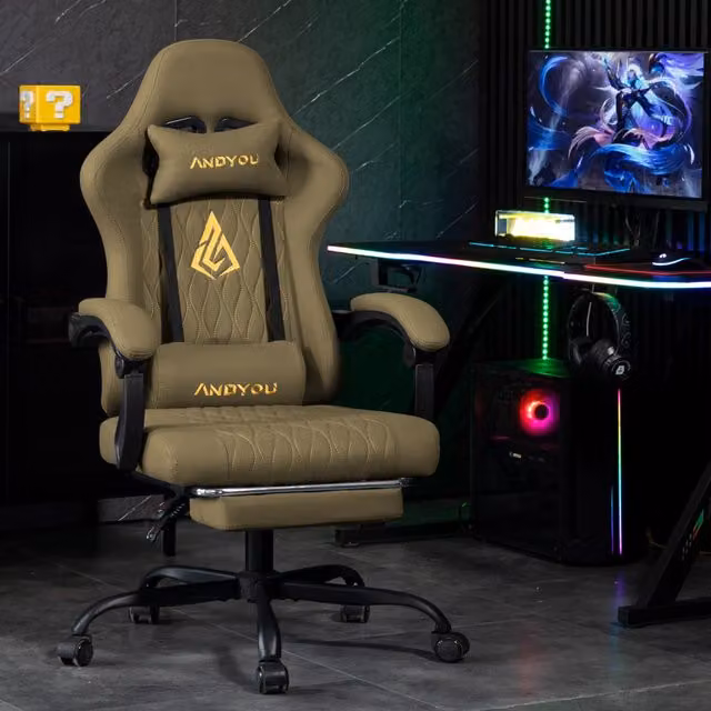 Poltrona da Gaming Minimal Verde con Poggiapiedi e Supporto Cervicale in Finta Pelle Regolabile