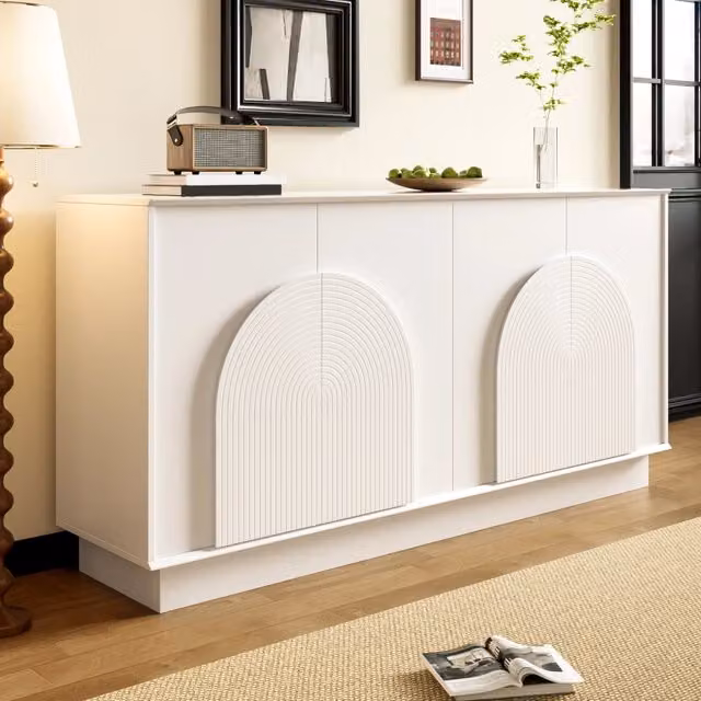Credenza 160x38x80 cm con 4 ante arcuate e maniglie integrate in MDF bianco