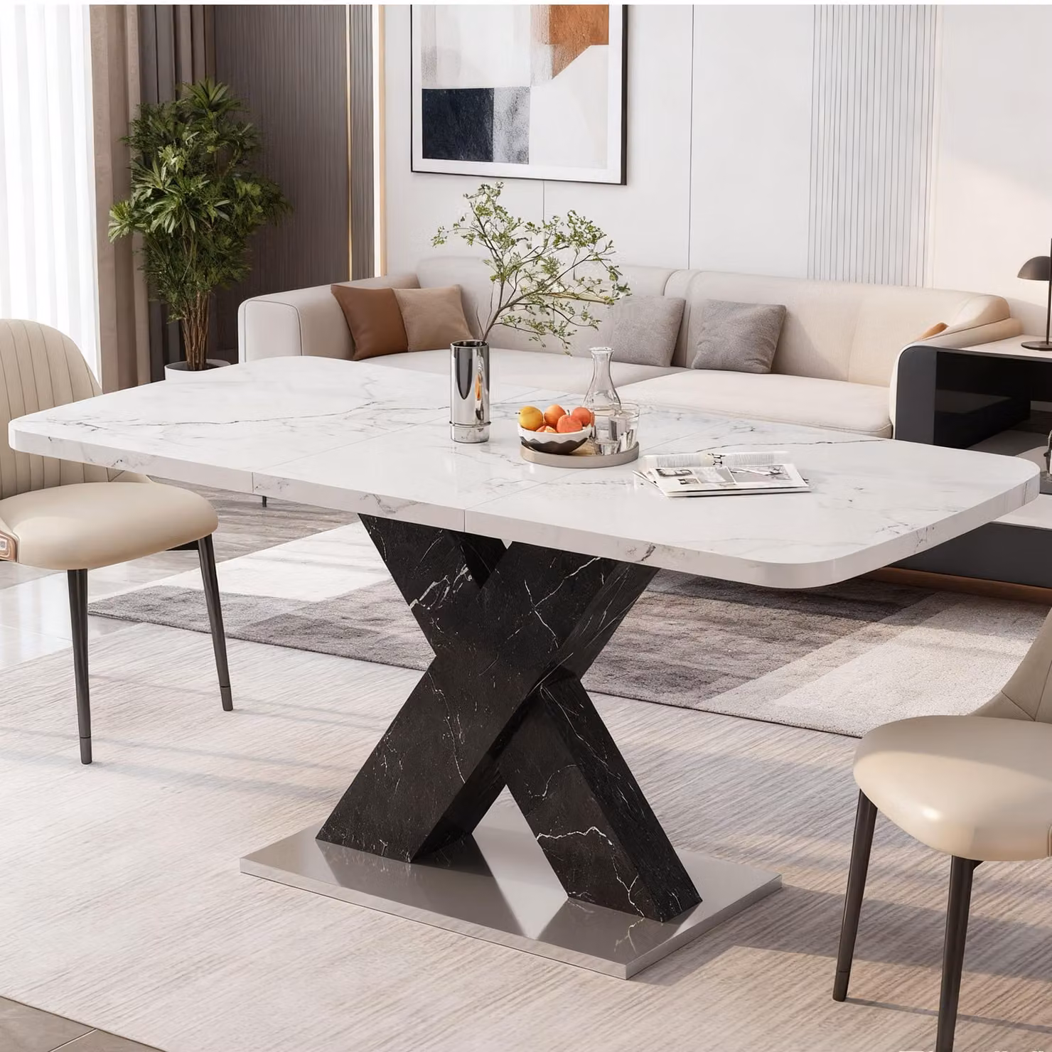 MODFU Tavolo da pranzo allungabile, forma rettangolare, decorazione effetto marmo, base in metallo a forma di X, adatto per cucina o sala da pranzo, colore bianco