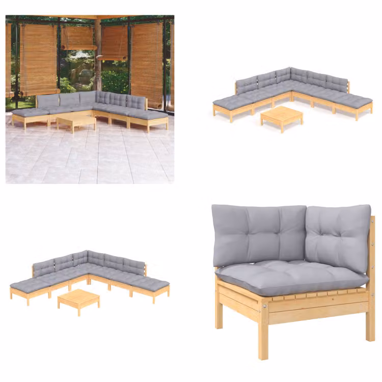 vidaXL set salotto da giardino 8 pezzi con cuscini grigi in legno di pino - Set salotto da giardino - Set salotto da giardino - Set mobili da giardino - Set mobili da giardino
