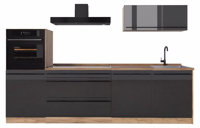 Cucina componibile Vicco R-Line Antracite lucido/Rovere dorato 280 cm piano di lavoro Rovere dorato, Model 66482