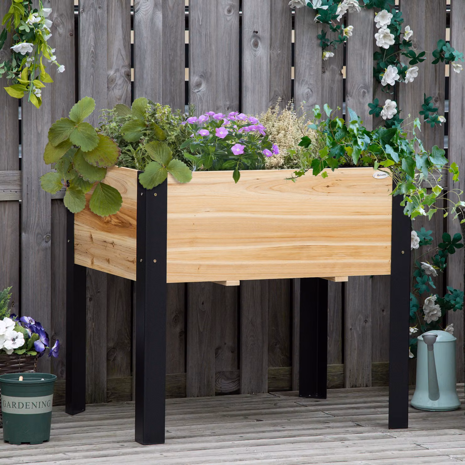 Outsunny Fioriera da Giardino su Piedi per Orto e Piante Ornamentali in Metallo Nero e Legno di Abete Marrone – 2