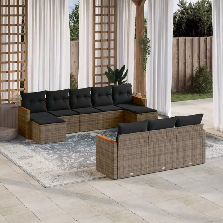 Set Divano da Giardino vidaXL 10 pz in Polyrattan e Legno di Acacia con Cuscini Grigio
