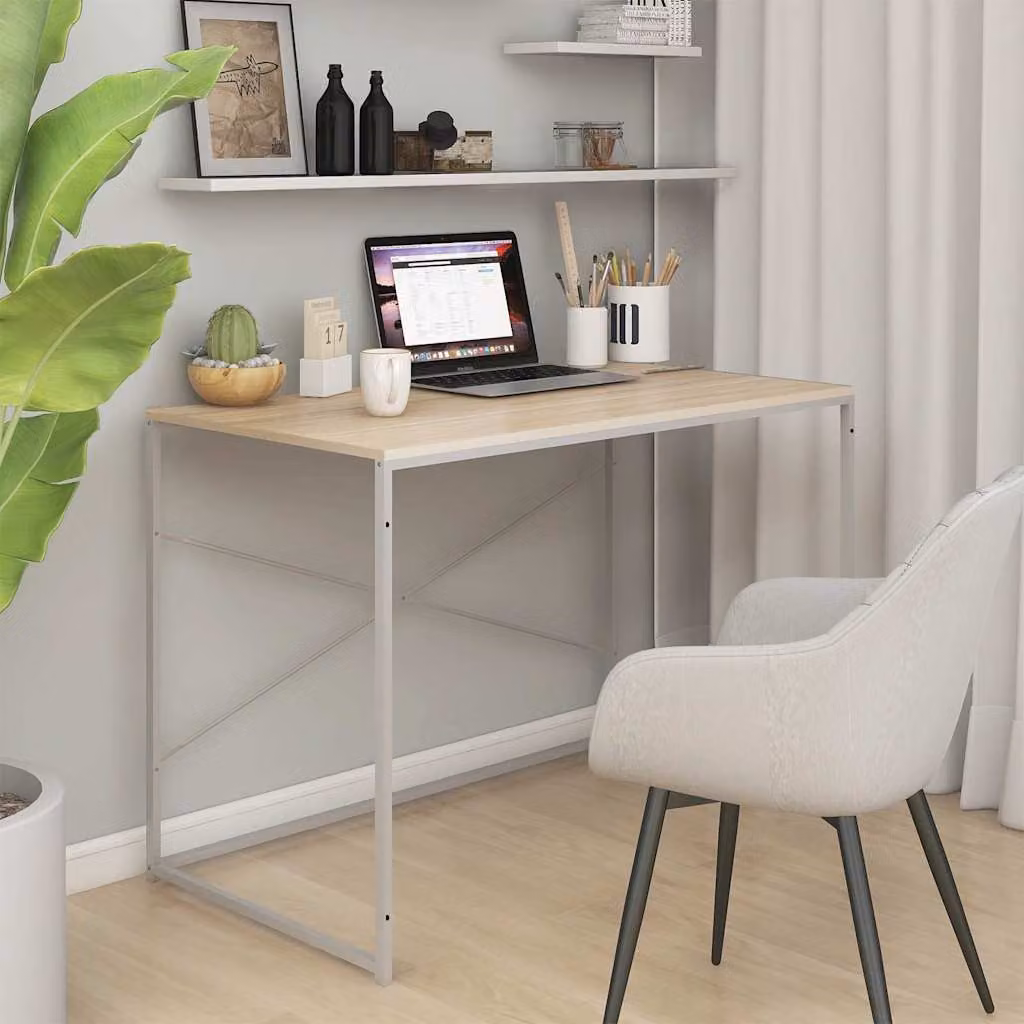 Scrivania Computer vidaXL in Legno e Metallo, Bianca e Rovere, L 110 x P 60 x H 70 cm