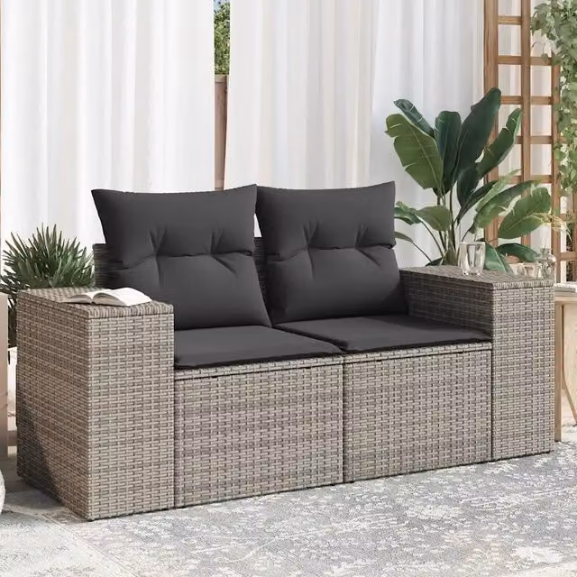 Divano da giardino a 2 posti vidaXL in polyrattan grigio con cuscini imbottiti e coperture rimovibili – 1