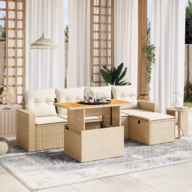 Set Divano da Giardino a L vidaXL in Polyrattan con Cuscini Beige e Tavolino da Caffè, 6 Pezzi – 1