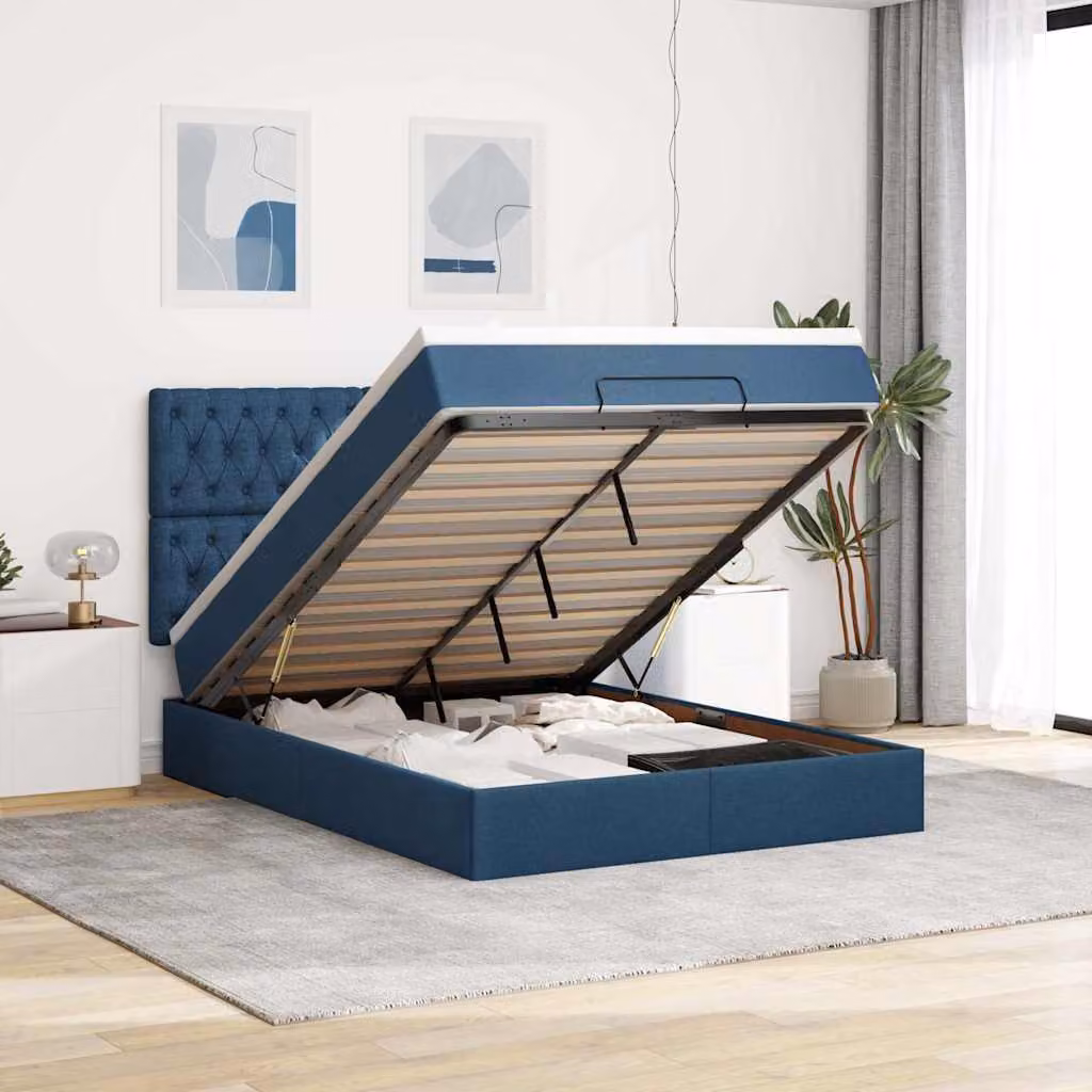 vidaXL Struttura Letto con Contenitore e Materasso in Tessuto Blu e Bianco, L/P/H: 200 x 140 x 28 cm