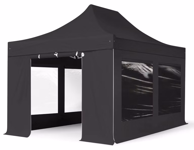 TOOLPORT 3x4,5m gazebo pieghevole PVC con laterali (finestre panoramiche), PROFESSIONAL alluminio, nero