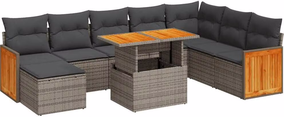 Set Divano da Giardino 9pz con Cuscini Grigio Polyrattan Acacia