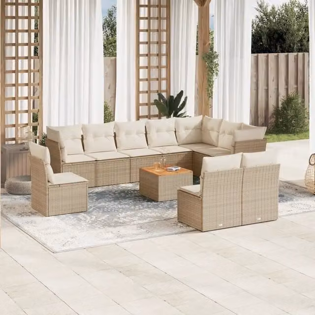 Set di divani da giardino a forma di U vidaXL in polyrattan con cuscini beige e tavolino da esterno
