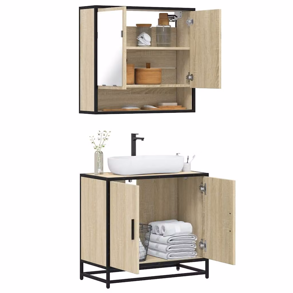 Set di mobili da bagno vidaXL in stile industrial composto da mobile lavabo e pensile con specchio, colore beige e marrone, in legno e metallo
