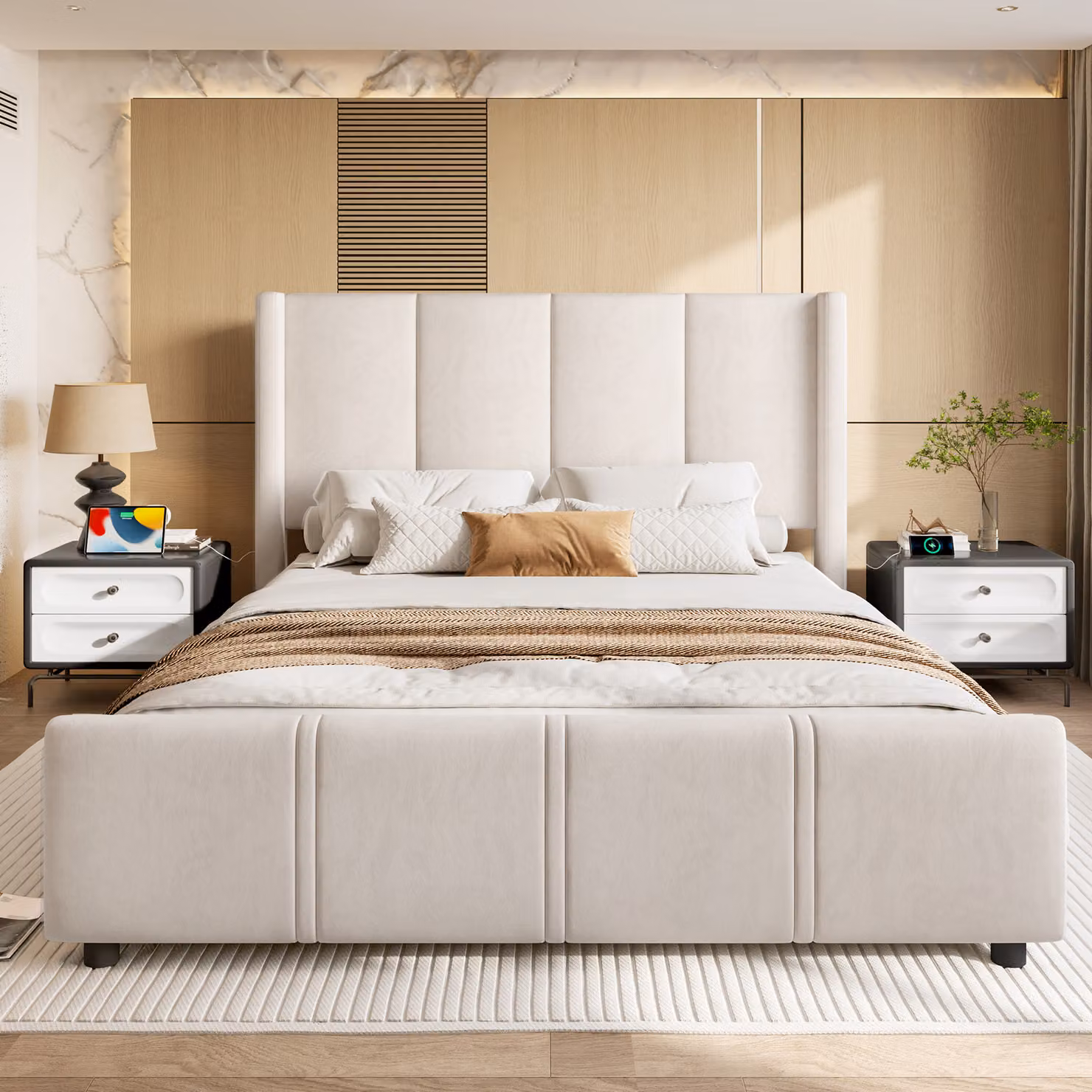LVHOM Letto imbottito 140x200cm con USB e testata alta, letto matrimoniale Mid Century con rete a doghe, letto giovanile con struttura in metallo, struttura letto in velluto, beige