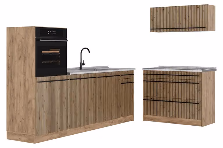 Cucina componibile Vicco R-Line Rovere artigianale/Rovere dorato 220 cm piano di lavoro Marmo, Model 67427