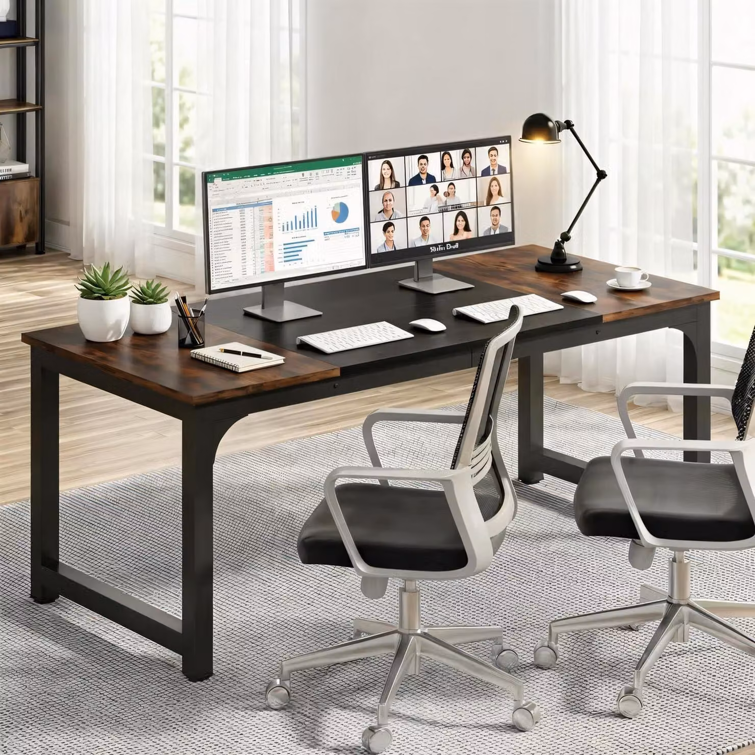 Scrivania per computer 180x80 cm, scrivania doppia, scrivania da ufficio, tavolo da lavoro, ideale per l'home office, struttura in metallo, colore marrone e nero, dimensioni 180x80x75 cm
