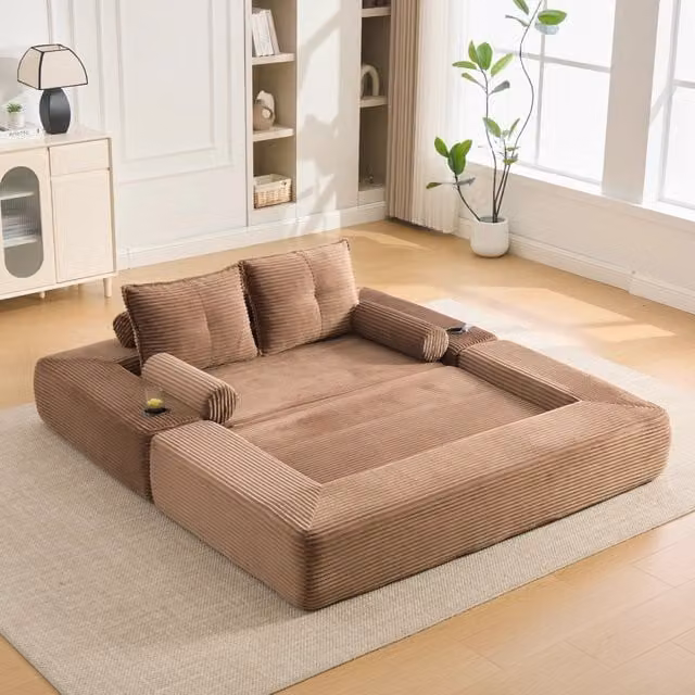 Divano letto modulare MIVRAY in velluto a coste marrone con portabicchieri e funzione letto L/P: 140 x 200 cm