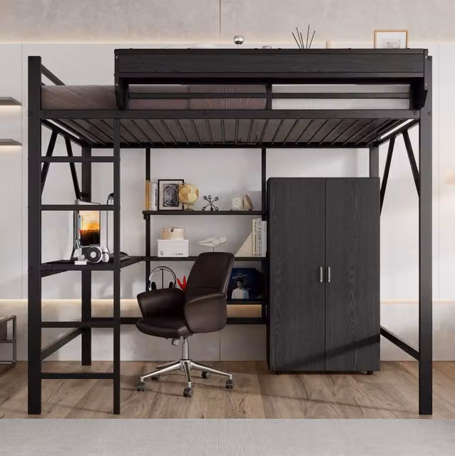 Letto a soppalco 140x200 cm con scrivania; armadio integrato e ripiani; metallo e MDF nero
