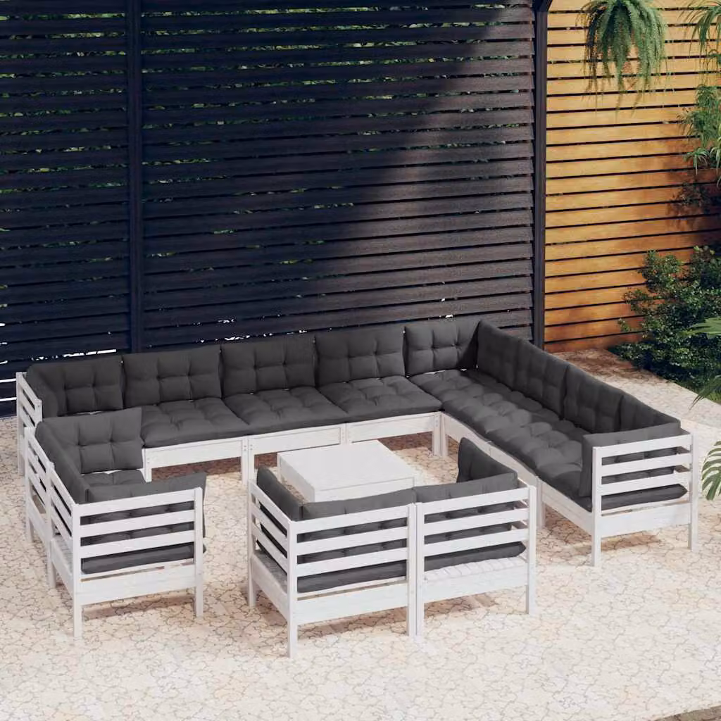 Set di divani da giardino vidaXL a forma di U composto da 13 pezzi in legno di pino trattato con cuscini bianchi, antracite e grigi