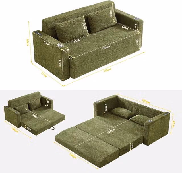 Divano letto 2 posti 153x77x65 cm in schiuma verde pieghevole per piccoli soggiorni -