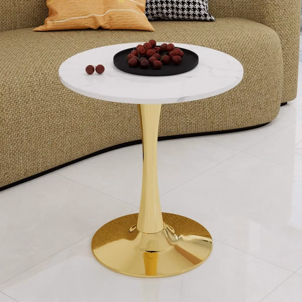 Tavolino da salotto rotondo con piano in marmo artificiale bianco e oro in stile moderno minimalista – 2