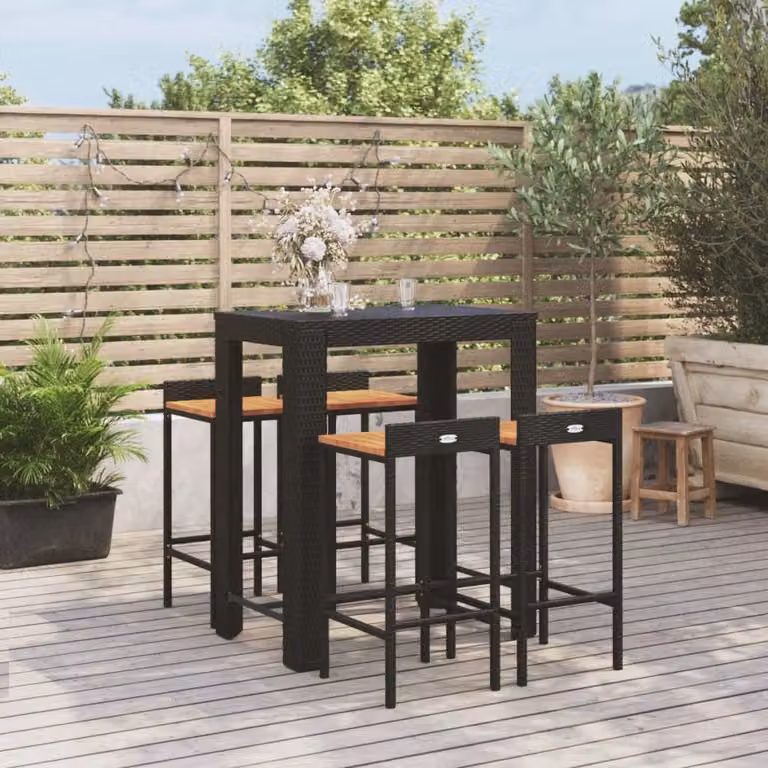 The Living Store Set bar da giardino 5 pezzi in poly rattan nero e legno massiccio di acacia