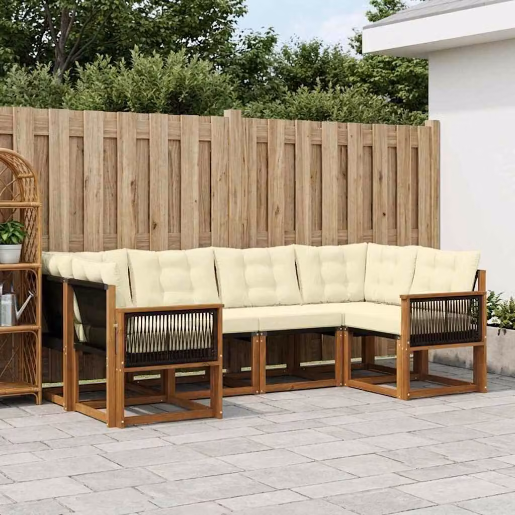Set di divani da esterno vidaXL a forma di L composto da 6 pezzi in legno di acacia e tessuto textilene, colore beige e marrone con cuscini inclusi