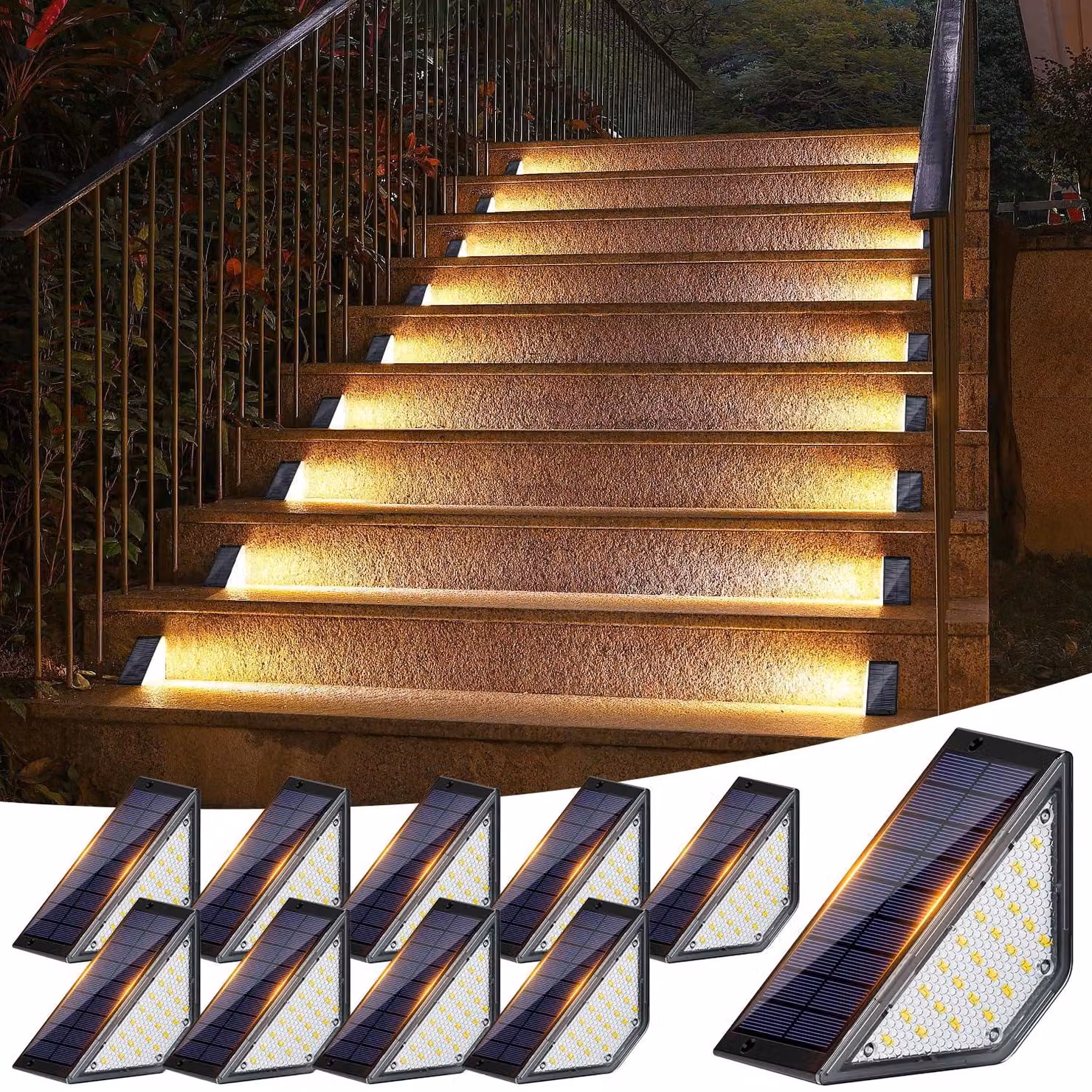 Luci a LED solari per scale, grado di protezione IP65, confezione da 10 pezzi, luce bianco caldo