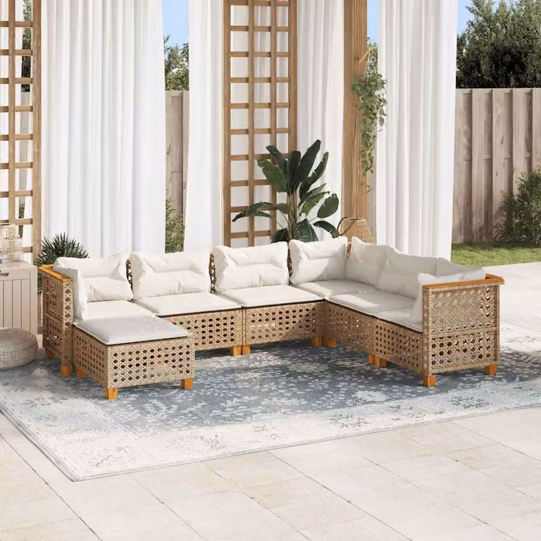 vidaXL Set Divani da Giardino 7 pz in Polyrattan Beige con Cuscini e Struttura in Legno di Acacia