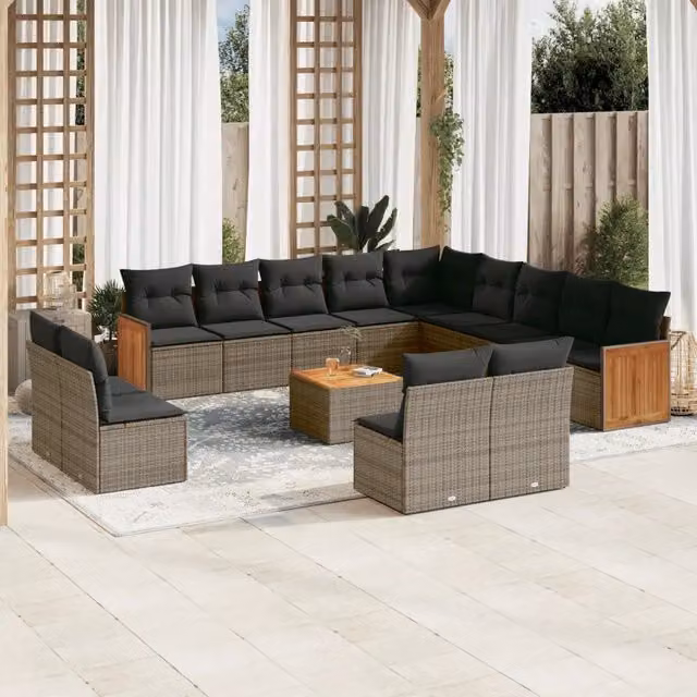 Set di divani da giardino moderno VIDAXL in polyrattan grigio con 14 pezzi e cuscini inclusi – 1