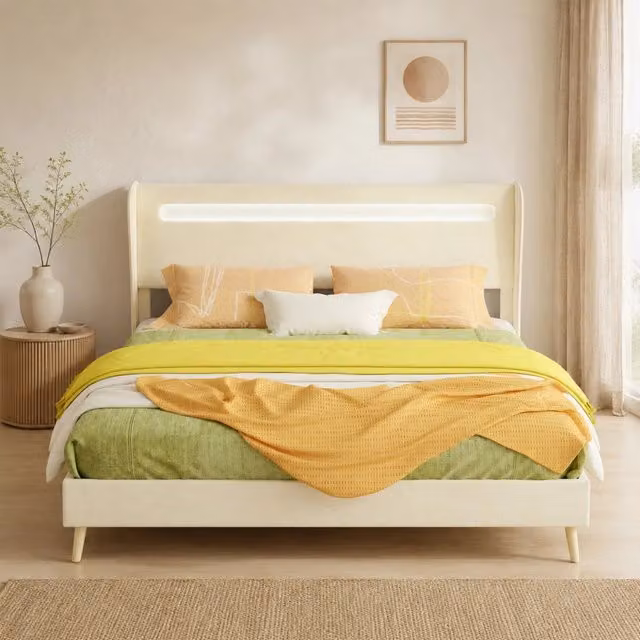 Letto imbottito LED regolabile 160x200 cm beige in tessuto e metallo