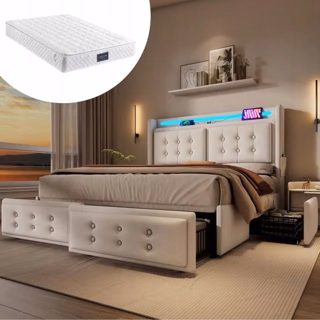 Letto imbottito 140x200 - Xylo - Beige, cotone, con materasso