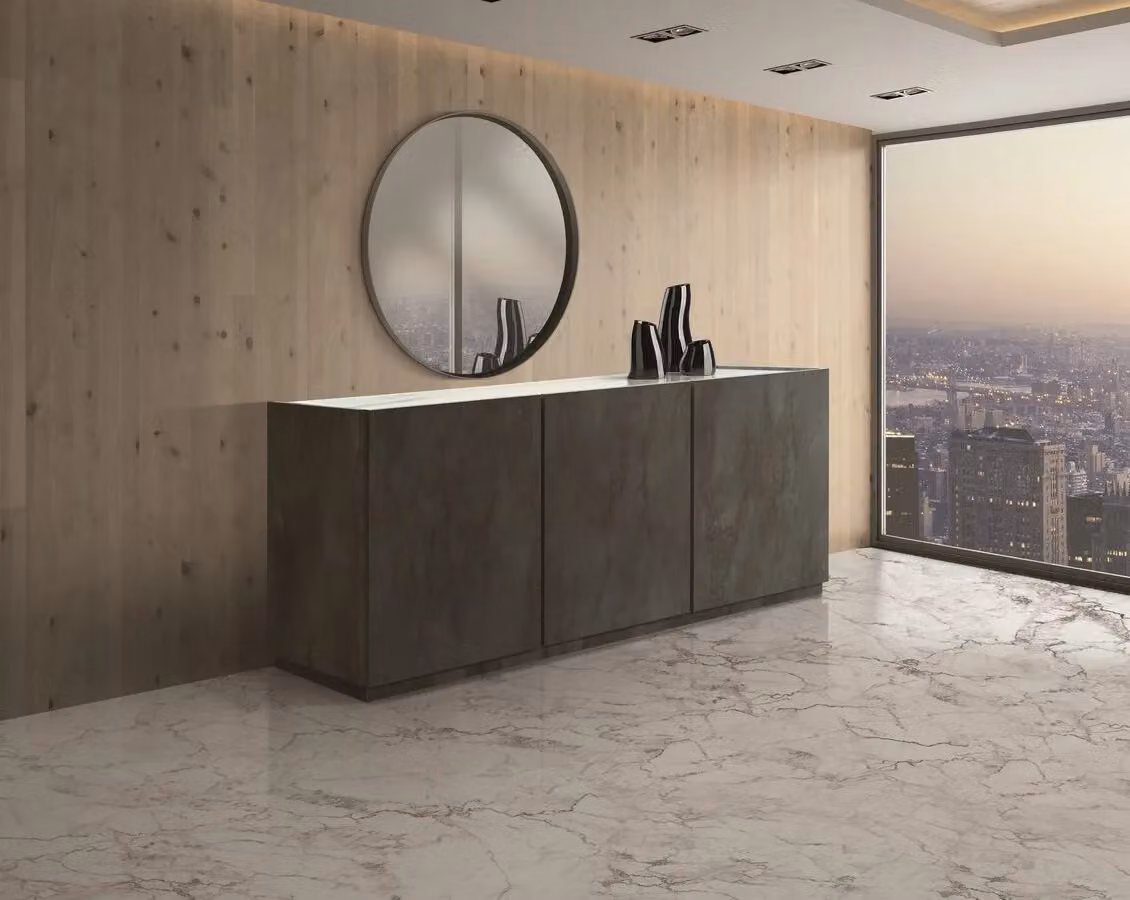 Credenza FAVIGNANA in legno, finitura in acciaio ossidato, piano effetto marmo statuario, 200×50 cm