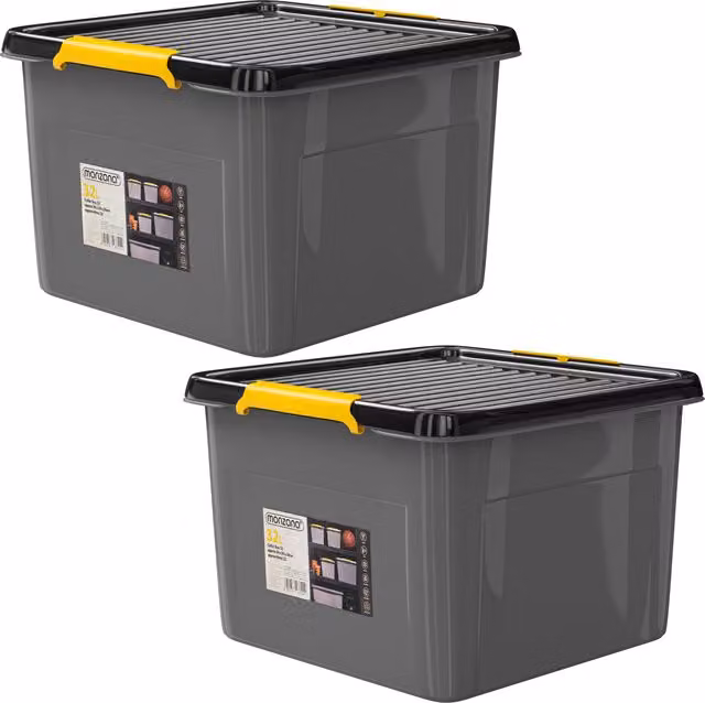 Set da 2 scatole portaoggetti impilabili Monzana in plastica con coperchio, Grigio/Antracite/Giallo, L/P/H: 39 x 39 x 26 cm