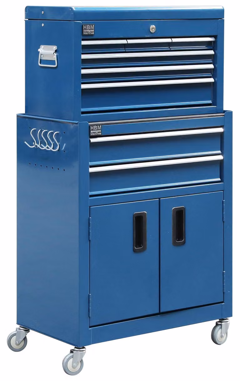 Armadio da officina - carrello portautensili premium 2 pezzi, 6 cassetti e 2 ante, blu, HBM Paesi Bassi, 61,4 × 33 × 106,4 cm