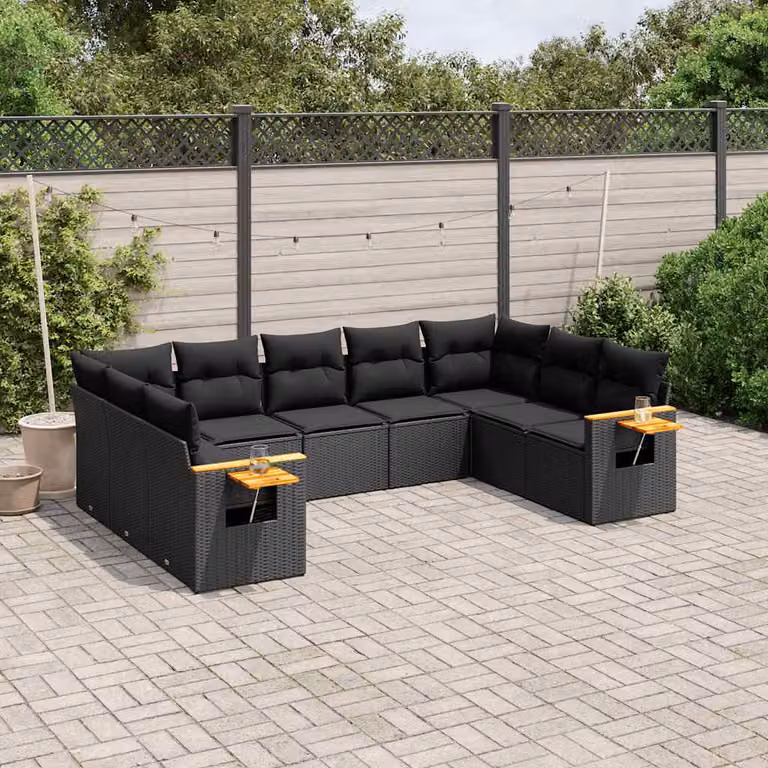 vidaXL Set Divani da Giardino 9 pz in Polyrattan Nero con Cuscini e Tavolino da Caffè