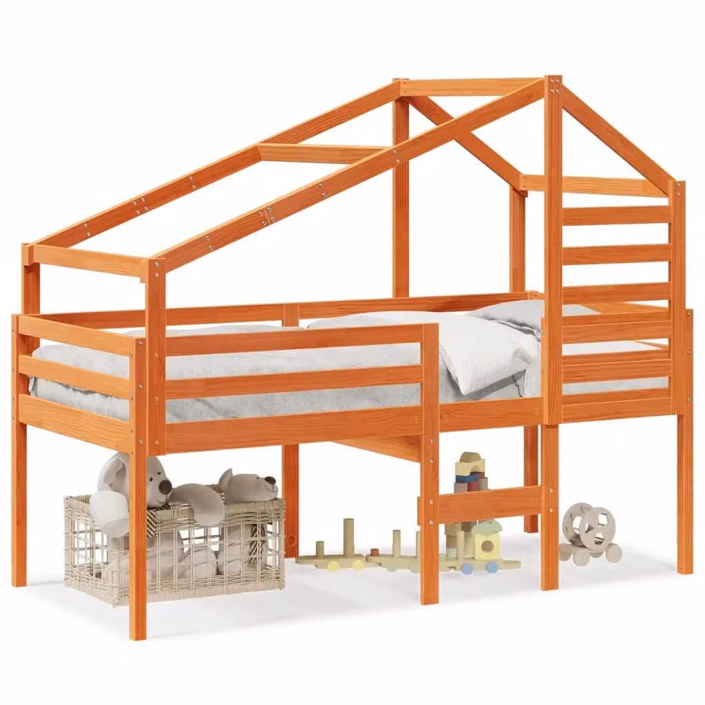 vidaXL Letto a Soppalco per Bambini in Legno Massello di Pino con Tetto a Casa, Colore Marrone, L/P/H: 195.5 x 80.5 x 89.0 cm – 2
