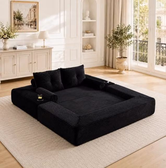 Divano letto 180x98x80 cm nero convertibile, tessuto a coste, 2 posti, con portabicchieri,