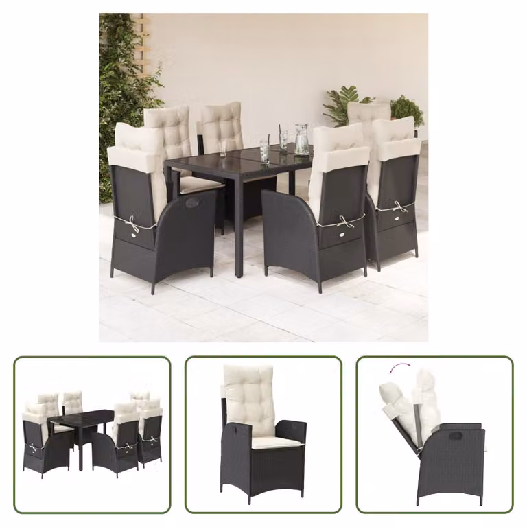 The Living Store Set da pranzo da giardino 7 pezzi con cuscini in polirattan nero