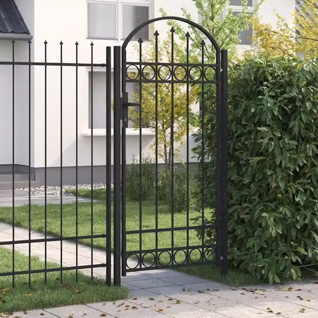 Cancello singolo per recinzione vidaXL in acciaio con parte superiore ad arco, Nero, L: 100 cm, H: 200 cm – 1