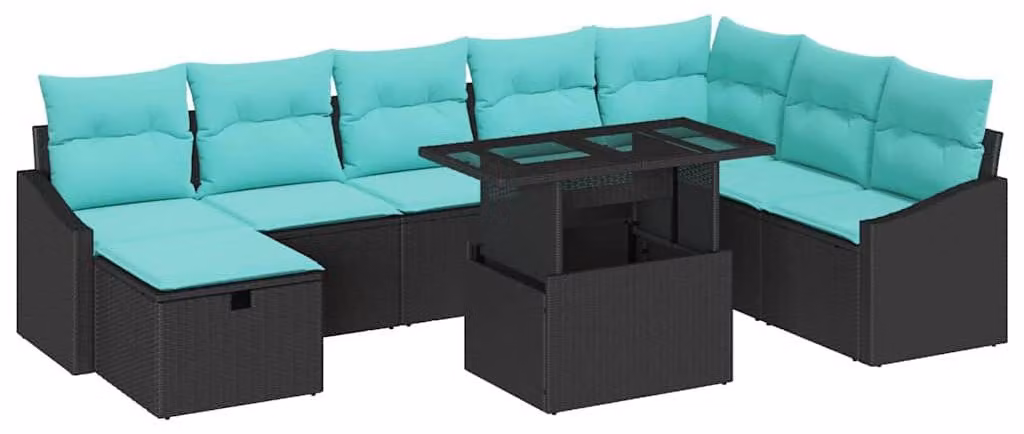 Set Divano da Giardino con cuscino 9 pcs Nero Poly Rattan