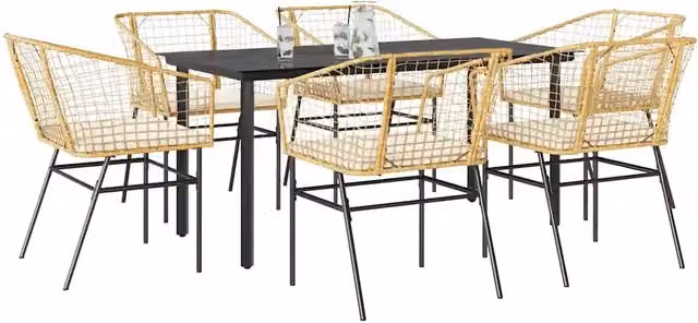 Set Pranzo da Giardino 7pz con Cuscini Marrone Polyrattan Vetro 3334608