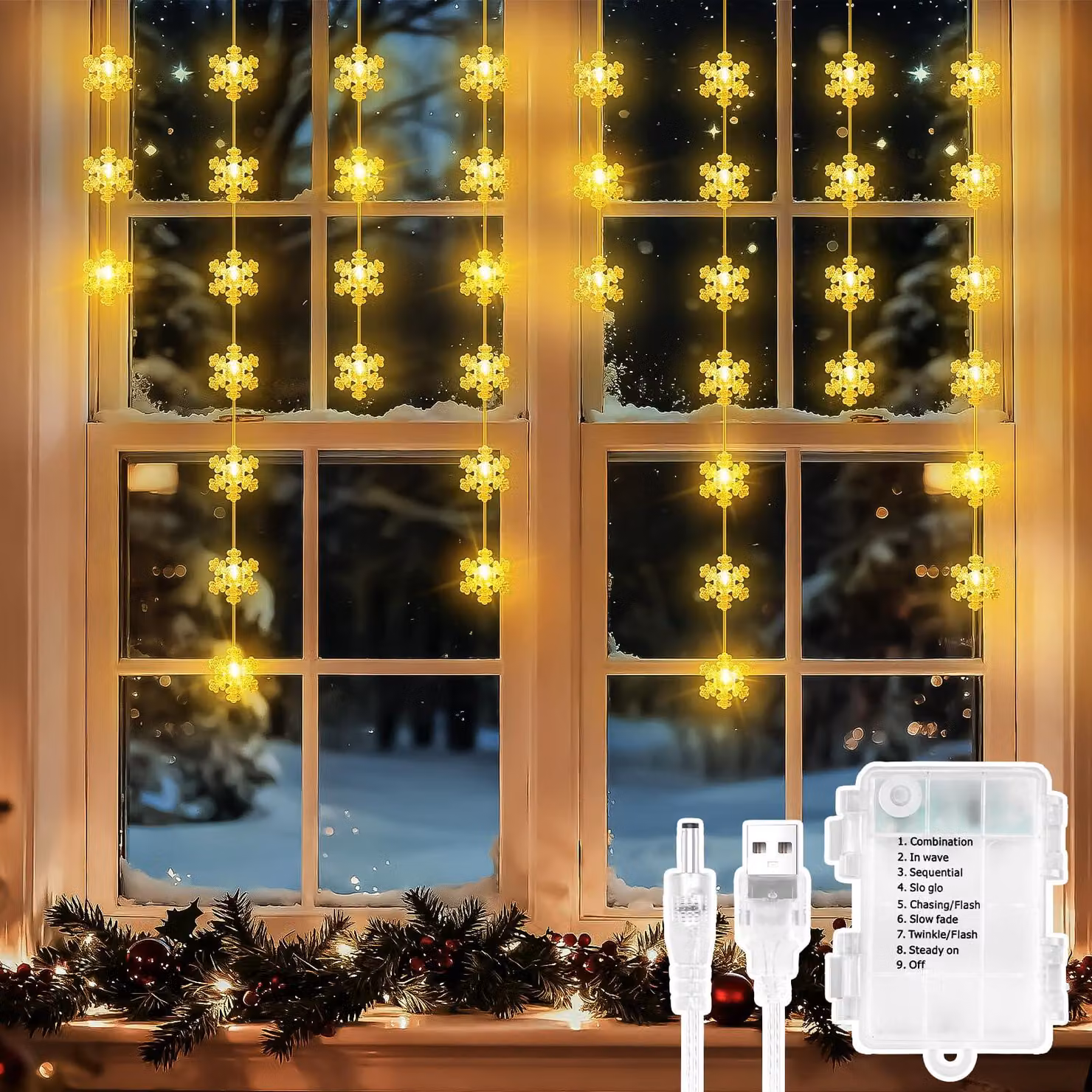 Tenda luminosa a forma di fiocchi di neve, 50 LED, luce bianco caldo, timer, grado di protezione IP65
