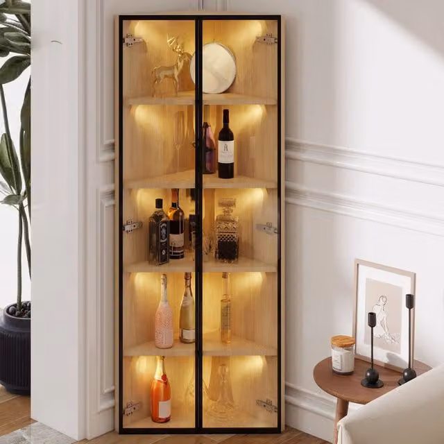 Vetrina ad angolo Mivray con illuminazione LED e ante in vetro, finitura rovere marrone, L: 62 cm, P: 35 cm, H: 160 cm