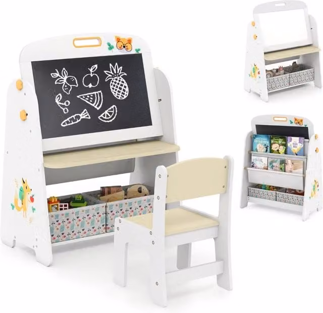 Set tavolo e sedia per bambini 4 in 1 con cavalletto artistico, libreria, lavagna magnetica e lavagna nera in legno di pino naturale e bianco