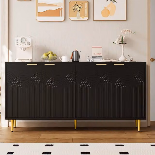Credenza soggiorno - Zephmum - 4 ante, maniglie dorate, gambe lucide, nero, 160x80x40 cm